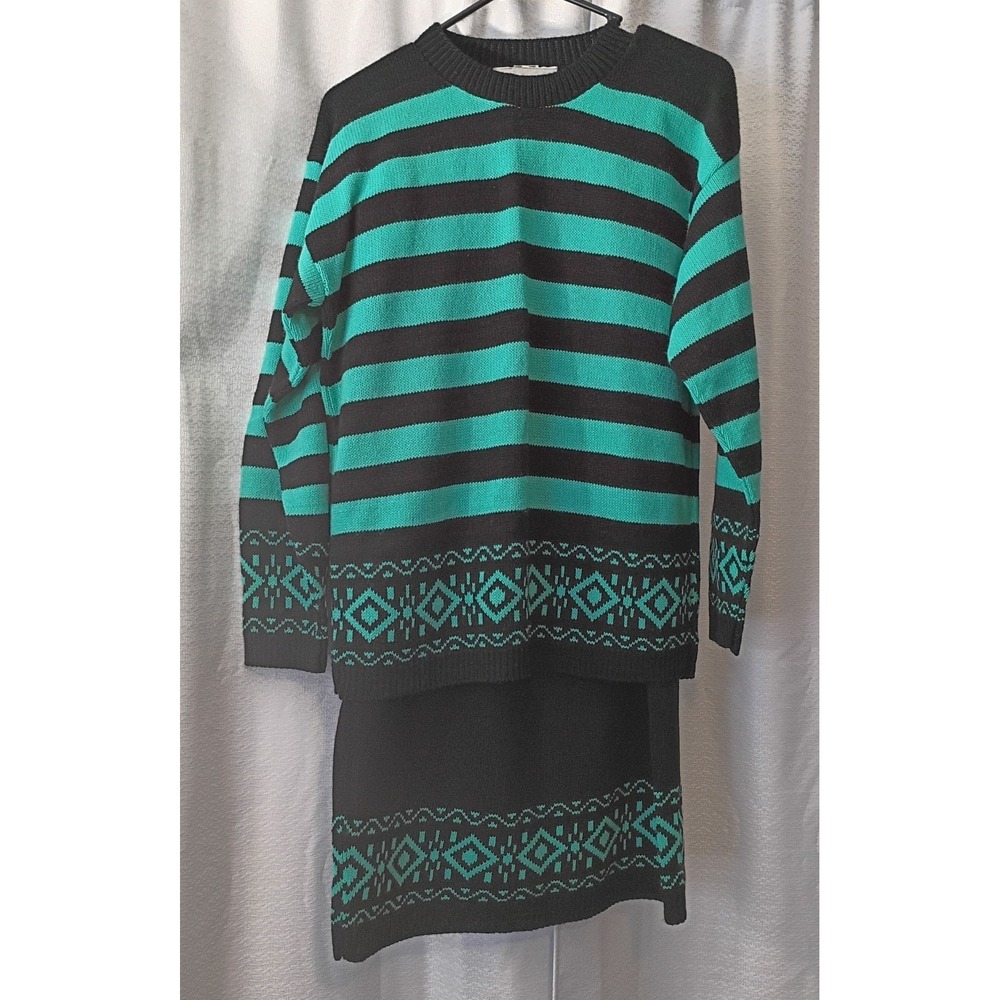 80's Vintage Dancer USA Outfit Sweater‎ Skirt Set Striped Retro Sz Medium